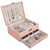 YOCOLE Schmuckkästchen, 2 Ebenen Schmuckaufbewahrung schmuckschatulle Reise PU-Leder, Schmuck Organizers Damen Mädchen für Ringe, Ohrringe, Halsketten und Uhren, mit Schloss und Schlüssel, Rosa