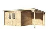 Woodtex Holz Gartenhaus Blockbohlenhaus CA2976 | Wandstärke 28 mm | Naturbelassen | Mit 2 m Anbau | B x T x H: 496 x 309 x 204 cm | Doppeltür Mit Echtglas