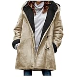 EMATOP Winterjacke Damen Warm Gefüttert Jacke Winter Langarm Fleecejacke mit Kapuze Plüschjacke Kuschelig Lang Wintermantel Baumwolle Einfarbig Teddyfleece Mantel Casual Lose Wollmantel