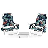 GIANTEX Klappstuhl Strandstuhl mit Tisch Set, klappbarer Gartenstuhl Campingstuhl Liegestuhl mit Verstellbarer Rückenlehne, Hochlehner mit Kopfstütze, Balkonstuhl Terrassenstuhl (Dunkelgrün)