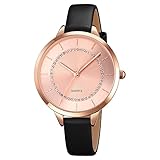 Damen-Armbanduhr, Leder, Quarz, großes Zifferblatt, wasserdicht, modisch, klassische Armbanduhr für Frauen, Damen, Mädchen, Geschenk, Roségold/Schwarz, Gurt