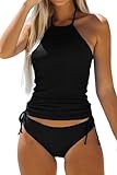 Beachsissi Damen Zweiteiler Badeanzüge Gepolsterter Kordelzug Seitliche Bademode Neckholder Leopard Print Tankini Sets, Schwarz, M