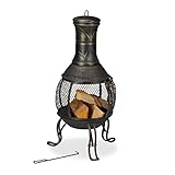 Relaxdays Terrassenofen, Stahl & Gusseisen, HxD: 88x36 cm, Gartenkamin Funkenschutz, Chiminea, Aztekenofen, schwarz/Gold