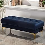 Elegante Samt-Ottoman-Bank mit goldfarbenen Beinen, luxuriös gepolstertes Ende des Bettes oder Eingangshocker, für Schlafzimmer, Wohnzimmer, Waschtisch, Dunkelblau, 100 x 45 x 45 cm