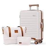 SHOWKOO Hartschalenkoffer Mittelgroß Leicht 100% Polycarbonate Erweiterbar Haltbar Reisekoffer mit Rollen Koffer Set Trolley Handgepäck Enthält 1 Reisetasche und 1 Kulturbeutel, L-Beige Weiß