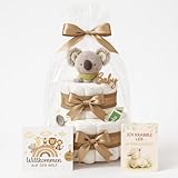 Windeltorte Mädchen & Junge mit Koala Greifling - Boho Vintage [Handmade] – Baby Geschenk zur Geburt mit Koala-Greifling, Premium Windeln & Bio-Tee – Windeltorte Neutral & für Babyparty