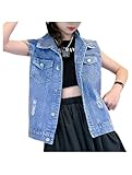 Siehin Mädchen Zerrissen Denim Weste Kinder Casual Jeansweste Ärmellose Jeansjacke Freizeitweste