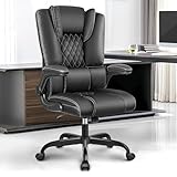 Guessky Bürostuhl, Ergonomischer High-Back Leder Chefsessel, Höhenverstellbarer Drehstuhl, Swing Funktion, Home Chair mit klappbaren Armlehnen und Lendenwirbelstütze(Schwarz)