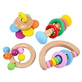 4 Stück Naturholz Handglocke Rassel Holz Montessori Baby Rassel Intellektuelle Kleinkinder Greifling Beißen Spielzeug zur Verbesserung der Motorik