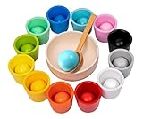 ChaneeHann Regenbogen Bälle in Tassen Kleinkinder Montessori Spielzeug ab 1 Jahr +,Baby Sensorik Bälle Holzspiele zum Zählen und Sortieren Farben Lernen - 12 Ball 35mm