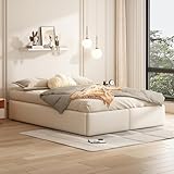 Bett 140x200 cm, Polsterbett mit Bettkasten und 2 Schubladen, ohne Kopfteil, Hydraulisch Doppelbett Stauraumbett, Bett mit Lattenrost, für Erwachsene & Jugendliche, ohne Matratze (Beige)