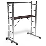 VOUNOT Alu Leitergerüst 3 in 1, Baugerüst Alugerüst Gerüst, Aluminium Leiter und Gerüst, Arbeitsbühne bis 150KG Belastbar, 2x6 Sprossen