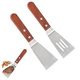 2 Stück Pfannenwender Edelstahl,Kleine Grillwender Pizza Spachtel mit Holzgriffen,Hitzebeständig Antihaft Glatte und Perforierte Pfannenwender,Kochspatel Grillschaber für Teppanyaki Burger Steak Pizza