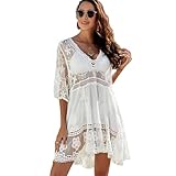 XiYee Damen Strandkleid, Spitze V Ausschnitt Badeanzug Transparent, Strandponcho Bikini Cover Up, Bademode Elegant Sommerkleid,Strandurlaub Badeanzug Bikini Beachwear (Weiß)