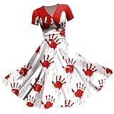 Damenkleid, Halloween, Kürbis, Vintage, bedruckt, kurzärmlig, großer Rock, Swing, schick, Kleidung, Weihnachtskleid, Damen, Cocktailkleid, schick, elegant, kurzärmlig, Rundhalsausschnitt, Spitze, Rot