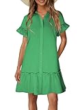 Toplop Sommerkleid Damen Leicht Strandkleid Blusenkleid Elegante Shirtkleider Kurzarm Hemdkleid Tunika Kleid Grün S