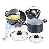 Genius Cerafit Magic Pot Kochtopf-Set 6tlg. 20cm + 24cm - Topf 3,7l + 6,3l mit Siebeinsatz & Glasdeckel für einfaches Kochen, Abgießen & Servieren | Nudeltopf für alle Herdarten Schwarz