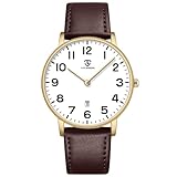 aswan watch Flache Herren Analog Quarz Armbanduhr mit Lederarmband, Datum, 2 Zeiger, 39 mm Gehäusegröße