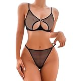 Dessous-Set Bügel Push Up Sexy Hot Damen Transparentes Oberteil BH und Slip Schnalle vorne 2 Stück Set Unterwäsche Babydoll Unterwäsche Spitze Netz Verstellbare Träger Nachtwäsche, Schwarz , M