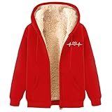 Gubsssl Fleecejacke Damen Warme Winterjacke Gefüttert Sweatjacke Mode Wintermantel Elegante Kapuzenjacke Teddy Jacke Teddyjacke Winter Fleecemantel Casual Damenjacke Kleidung Frauen Mantel Rot 3XL