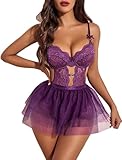 Avidlove Damen Body Sexy Spitzen Dessous Unterwäsche Set Corsage Negligee Babydoll Schleife Lingerie Outfit mit Abnehmbarer Netz-Minirock LilaL