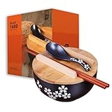 Japanisches Ramen Schüssel 1000ML Keramik Suppenschüssel Schwarzes Ramen Bowl Set,Inkl. Stäbchen, Deckel und Löffel (1 set)