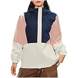 Wyongtao Regenjacke Damen Outdoorjacke Fahrradjacke mit Kapuze Wind Wasserdicht Atmungsaktiv Frühling Sommer Colorblock Lässige Lockere Leicht Fahrradweste mit Reißverschlusstaschen