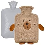 Wärmflasche mit Bezug, 1 Liter Wärmflasche Bezug Abnehmbar, Wärmflasche Tier Kinder mit Kuschelweichem Bezug, Wärmflaschen Auslaufsicher Hot Water Bottle Ideal für Schmerzlinderung,Krämpfe (Braun, 1L)