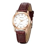 JewelryWe Damenuhr Leder Uhren Damen - Klassische Runde Analog Quarz Armbanduhr mit Braun Leder Armband Geschäfts Beiläufige Uhr für Frauen Mädchen