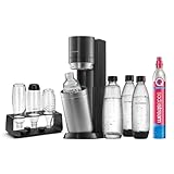 SodaStream Wassersprudler DUO Comfort-Set mit CO2-Zylinder, 2X 1L Glasflasche, 2X 1L spülmaschinenfeste Kunststoff-Flasche und sytlischem Flaschenhalter, Höhe: 44cm, Farbe: Titan