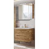 Lomadox Badmöbel Waschplatz Set mit 81 cm Waschtisch & LED-Spiegelschrank, Wotan Eiche Nb., B/H/T ca. 81/200/46 cm