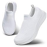 HKR Damen Slip On Turnschuhe Mesh Laufschuhe Atmungsaktiv Sportschuhe Wanderschuhe Leichte Bequeme Schuhe Weiß 42 EU