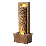 Teamson Home Garten Outdoor Brunnen Hoher Wasserfall mit warmen LED-Lichtern, Layered Rock Design, Robustes Polyresin, braunes Finish