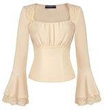 SCARLET DARKNESS Renaissance Trachtenblusen Damen Langram Oberteile Quadratischer Kragen Cottagecore Y2K Tops für Hochzeit Aprikose XL