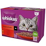 WHISKAS Mahlzeit für Katzen – 48 Frischebeutel (4 Packungen mit 12 x 85 g) – Klassische Mahlzeiten (4 Sorten) – Nassfutter für ausgewachsene Katzen in Sauce. Komplettes Nassfutter, auch für