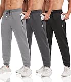 lomsoe 3er-Pack Jogginghose Herren Tapered, Trainingshose Herren mit Reißverschlusstaschen, Sporthose Herren Lang Sweatpants Fleece Slim Fit für Laufen und Fitness