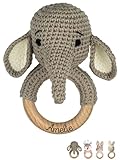 wunderwunsch - Personalisierter Beißring für Baby's - Niedlicher Greifling für Baby's ab 0 Monate - Babyrassel mit Name als Taufgeschenk für Mädchen und Jungen (mit Gravur, Elefant)