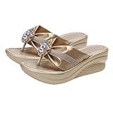 NOLITOY Damen Sandalen mit Strasssteinen Dicke Plateau Sohle Rutschfeste Beach Slipper Modische Sommerschuhe für Strand Pool Party und Alltag Goldfarbene Zehentrenner