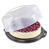 Xavax Kuchen-Transportbox rund mit Deckel Kuchenbehälter 31,5 cm Durchmesser, Innenhöhe 8 cm,Kuchenbox mit Stückeinteilungshilfe,Tortenplatte anthrazit, Transparent