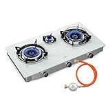 Klarstein Barzona Gaskochfeld, 3-Brenner Edelstahl & Glas, 8,45kW, Tragbarer Campingkocher mit Piezo-Zündung & Flammenausfallsicherung, Komplettset mit Schlauch & Regler