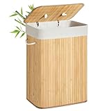 SONGMICS Wäschekorb mit Deckel, 72 Liter, Wäschesammler aus Bambus, faltbar, Wäschesack herausnehmbar und maschinenwaschbar, mit Griffen, für Waschküche, Schlafzimmer, naturfarben LCB10Y