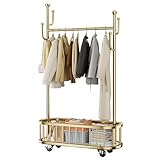 Mobiler Kleiderständer auf Rollen, Kleiderstange Metall mit Netzkorb zum Aufhängen Kleidung, Geeignet für Schlafzimmer und Eingangsbereiche(Gold,100 cm/39 in)
