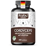 Raibu Cordyceps Kapseln hochdosiert 200 Kapseln mit 2100 mg Pilz Extrakt (10:1) pro Tagesdosis (21.000mg Cordyceps) - 40% Polysaccharide - Cordyceps Sinensis mit schwarzer Pfeffer laborgeprüft & Vegan