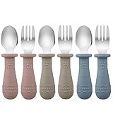 PandaEar 6 Stücke Kinderbesteck Esslernbesteck ab 1 jahr| Silikon Edelstahl Baby Besteckset Löffel Gabel mit Silikon Halten Anti-Choke Design, BPA Frei Lernbesteck (Blau/Braun/Rot)
