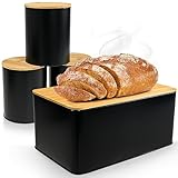WENKO Brotkasten Vorratsdosen Set Brotaufbewahrung mit 3 Dosen Küchenorganizer für Brot Lebensmittel sicher aufbewahren Brotkasten Holzdeckel Bambus 32,5x21x15 cm Dosen 11x13,6x11 cm Schwarz Braun