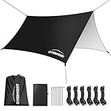 Overmont Camping Zeltplane 3m x 3m Tarp Multifunktional Tragbar Sonnensegel mit 6 Heringe und 6 Seilen Sonnenschutz für Hängematte Outdoor Reisen Picknick Schwarz