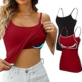 Attraco 2er Pack Damen Baumwolle Tank Top mit Regal BH Unterhemd Verstellbarer breiter Riemen Camisole Basic Cami Tanks Schwarz/Rot L