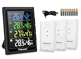 Geevon Funk Thermometer Innen Außen mit 3 Fernsensoren, Thermometer Hygrometer Feuchtigkeit Digital, Temperatur und Luftfeuchtigkeitsmesser mit 60M/200FT Reichweite (W86281B VA mit Batterie)