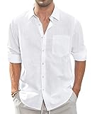 J.VER Leinenhemd Herren Weißes Langarm Freizeithemd Regular Fit Sommerhemd Knopfleiste Linen Shirt Einfarbig Casual Shirt Strandoberteil,Weiß,L