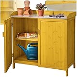 tectake® Pflanztisch Outdoor, Balkontisch mit Unterschrank aus Holz, 98 x 48 x 95 cm, Gartenschrank, Balkonschrank mit verzinkter Arbeitsplatte, Aufbewahrungsschrank für Garten mit 2 Regalböden